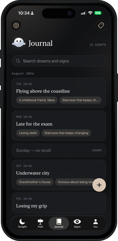The dream journal: a searchable list of entries by date, each tagged with the dream signs it contains.